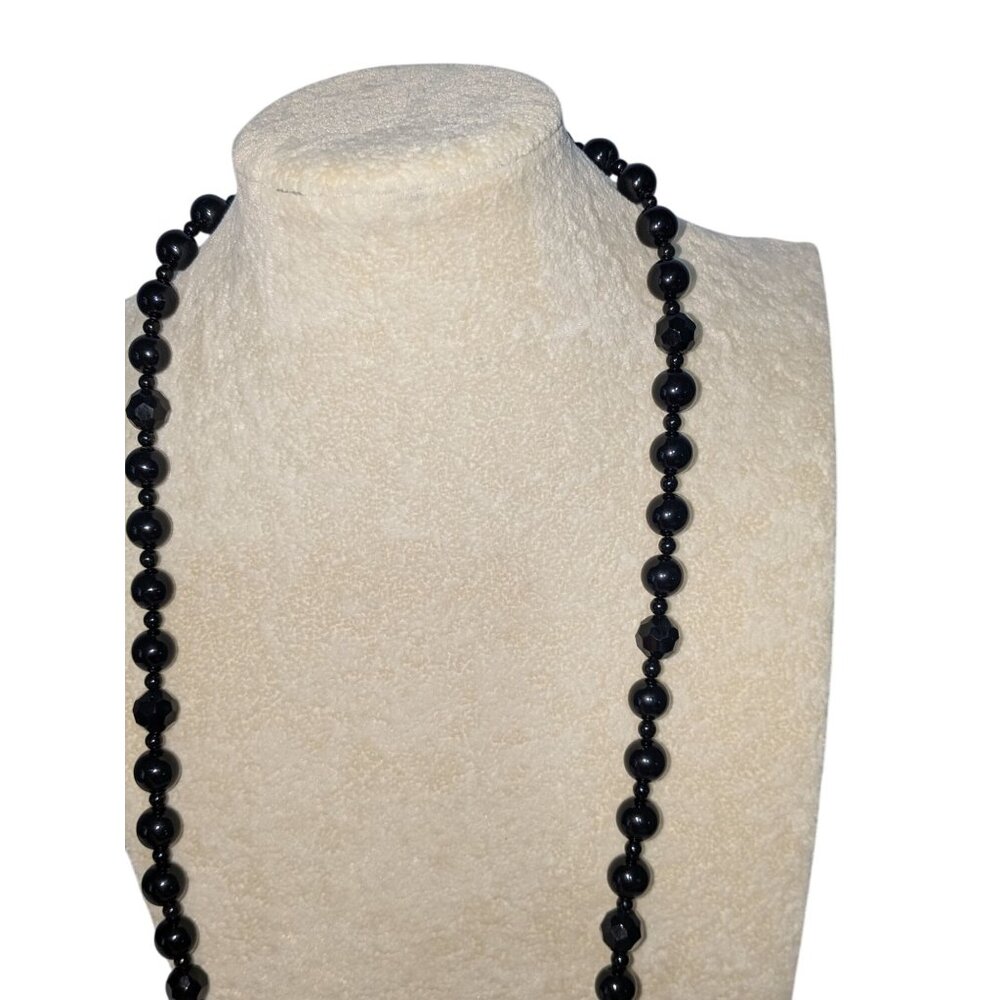 Black Beaded 64" Necklace Faceted Beads Silver Toggle Closure - Picture 7 of 14
